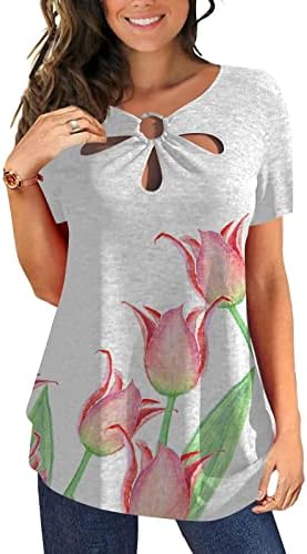 Pejock kadın Baskılı Üstleri 2023 Rahat Doğal Çiçekler T Shirt Yaz Anahtar Deliği Crewneck T-Shirt Gevşek Kısa Kollu