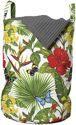 Ambesonne Egzotik Çamaşır Torbası, Renkli Kelebekler Ebegümeci Çiçeği Strelitzia Palmiye Yaprakları Deseni, Çamaşırhaneler