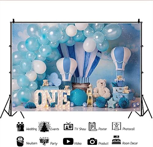 Yenidoğan Çocuk Ayı Portre fotoğraf arka fonu Stüdyosu Mavi Balonlar Sıcak Hava Balonu Arka Plan Bir Doğum Günü Fotoğrafçılığı