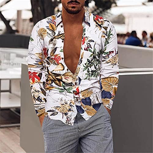 XXBR erkek Pamuklu Keten Gömlek Artı Boyutu, Uzun Kollu Düğme Aşağı Hawaii Yaprakları Gömlek Vintage Boho Casual Plaj
