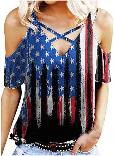 Amerikan Bayrağı T Shirt Kadınlar için Seksi V Boyun Çapraz Üstleri Soğuk Omuz Kısa Kollu Bluzlar 4th Temmuz 2023
