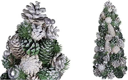Süslemeler-Süslemeli 18 inç Yeşil ve Gümüş Çam Kozalağı Noel Ağacı-XMAS10