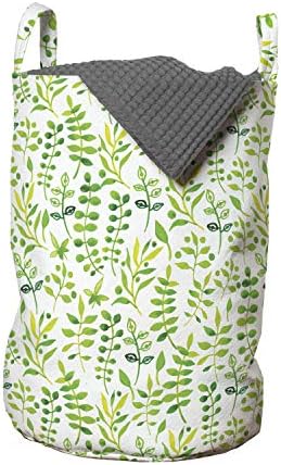 Ambesonne Yeşil ve Beyaz Çamaşır Torbası, Suluboya Tarzı Yapraklar Bitkiler Ekoloji Çevre Teması, Kulplu Sepet Çamaşırhaneler