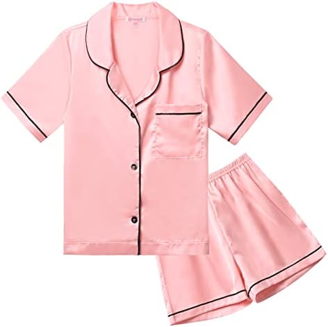 QPANCY Çocuklar Saten Pijama Setleri Erkek Bebek Kız Düğmeli İpek Pijama 2 Parça Kısa Kollu Loungewear Giyim Seti