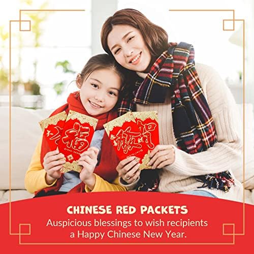 Çin Yeni Yılı Kırmızı Zarflar-24'lü Çin Kırmızı Paketleri, Altın ve Kırmızı Folyo Tasarımlı Hong Bao, Hediye Para