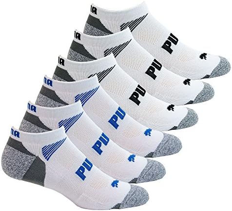 Puma Erkek Düşük Kesim Tüm Spor No Show Çorap 6 Çift stok boyutu 10-13 ayakkabı boyutu 6-12, Beyaz / Gri