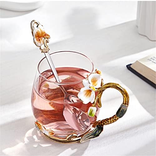 N / A Phalaenopsis Emaye Su Bardağı Kadın Kristal cam Bardak Şeffaf çiçek çayı kahve kulplu fincan Fincan (Renk :