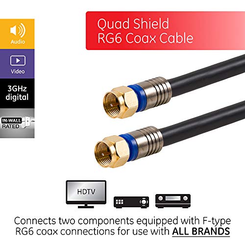 GE RG6 Koaksiyel Kablo, 25 ft. F Tipi Konektörler, Dörtlü Korumalı Koaksiyel Kablo, 3 GHz Dijital, Duvar İçi Anma,