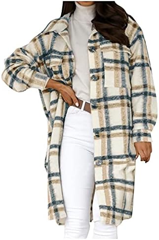 NaRHbrg Bayan Uzun Shacket Ceket Bayanlar Yün Karışımı Ekose Uzun Ceket Düğme Aşağı Gömlek Yaka Sonbahar Kış Sıcak
