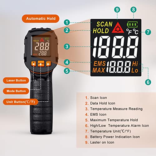 Takometre Kızılötesi Termometre, -58℉-1112℉(-50℃-600℃), Ayarlanabilir Emisivite, Dijital Renkli Ekran, Yüksek ve Düşük