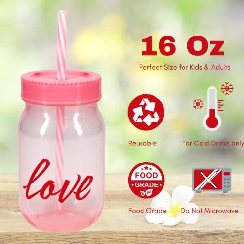GCM Sevgililer Günü Plastik Pint Kavanoz Kapaklı Bardak ve Saman 16oz Kırmızı Pembe Çocuklar için Yeniden Kullanılabilir