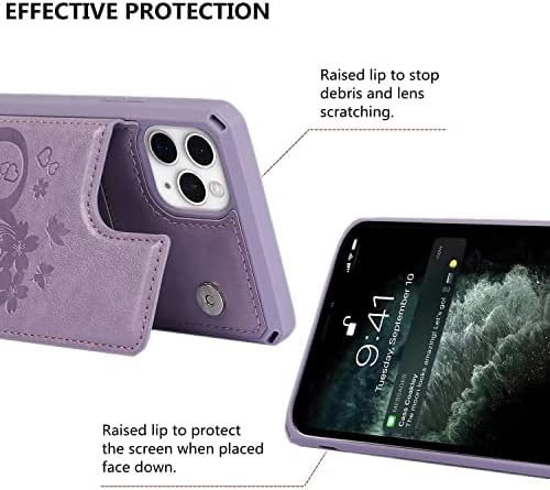 iPhone 11 Pro Max için iCoverCase Kart Yuvası Tutuculu ve Bilek Askılı Cüzdan Kılıfı [RFID Engelleme] Kabartmalı Deri