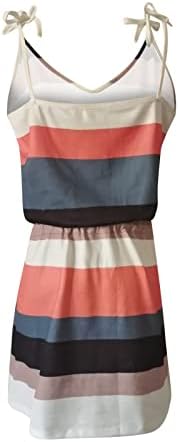lczıwo kadın Yaz Elbiseler 2023 Rahat Renk Bloğu Spagetti Kayışı V Boyun Kolsuz İpli Bel Mini Plaj Elbise