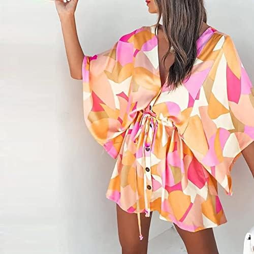 Kadınlar için Yazlık Elbiseler 2023, Yaz 3/4 Kollu V Boyun tatil elbisesi Boho Baskı İpli Güneş Plaj Elbise