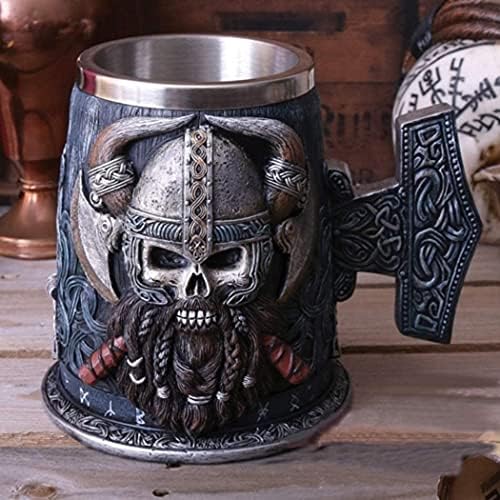 Viking bira kupası, Savaş Kasklı Boynuzlu Savaşçı Gotik Bira Stein, Ortaçağ İskandinav Tankard Kupa, Paslanmaz Çelik