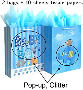 Bebek Duşları için Kağıt Mendil İçeren 12,5 Orta Boy Bebek Hediye Çantaları 2'li Paket (Mavi)