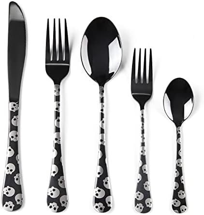 KOKOROZ Siyah Gümüş Takım, 4 Kişilik Sofra Takımı Çatal Bıçak Takımı Servisi, Kafatası Desenli Saplı Bıçak ve Çatal