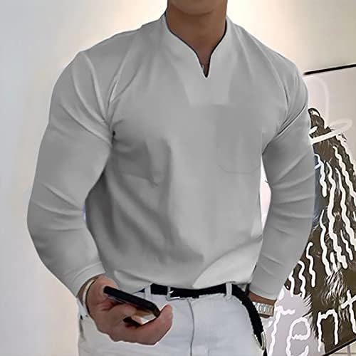 Erkek V Boyun Henley Gömlek Uzun Kollu, Bahar Kas Slim Fit İş günlük t-shirt Yakasız Üstleri Cep