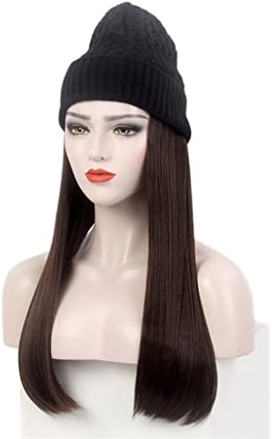 SHZBCDN Moda Avrupa ve Amerikan Bayanlar Saç Şapka Bir Siyah Örme Şapka Peruk Uzun Düz Açık Kahverengi Şapka Peruk