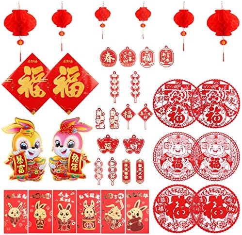 38 ADET Çin Yeni Yılı Süslemeleri 2023, Ay Yeni Yılı Dekor Kırmızı Kağıt kesim Fenerler Tavşan Kırmızı Zarflar Tavşan