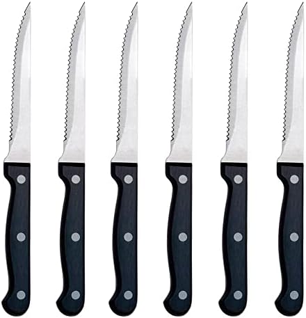 6 Parça Tırtıklı Biftek Bıçak Seti Siyah 8.5 Üçlü Perçin Mızrak Noktası Keskin Şef Bıçağı