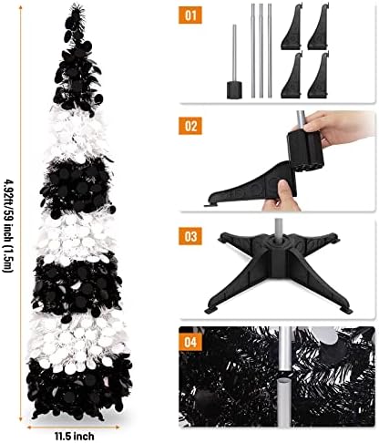 MACTİNG 5ft Pop Up Cicili Bicili Noel Ağacı, Kolay Montaj Cicili Bicili Kıyı Ağaçları ile Büyük Folyo Sequins Siyah