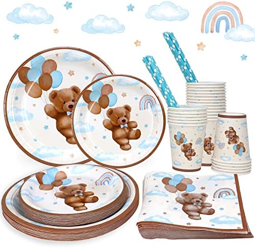 Oyuncak Ayı Bebek Duş Süslemeleri Tabak Seti 25, Boho Kağıt Tabaklar Bardaklar Peçeteler Payet Erkek Kahverengi Mavi