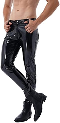 ACSUSS erkek Parlak Metalik Suni Deri Motor Biker Dar Pantolon Fermuarlı Kese Uzun Pantolon