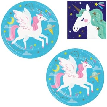 Unicorn Parti Malzemeleri 16 Kişi için | Paket İçerir Kağıt tatlı tabakları ve içecek Peçeteleri / Unicorn Galaxy