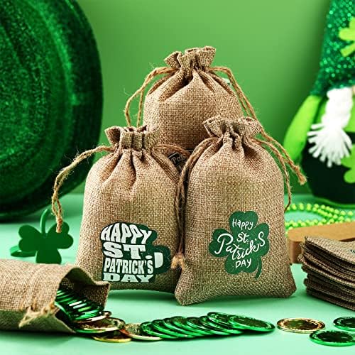 25 Adet Aziz Patrick Günü Parti Favor Çanta Shamrock Kahverengi Mevcut Çanta İrlandalı Küçük Çuval Bezi Çanta İpli