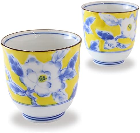 Mino Ware Yunomi Tea Cup, Osai Kamon, 3,1 İnç, Çiçekli Kase, Japon Seramik Yeşil Çay Bardağı, Sarı, 5,4 floz,
