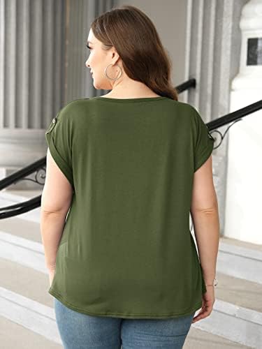Yskkt Womens V Boyun Henley T Shirt Artı Boyutu Düğme Yukarı Kısa Haddelenmiş Kollu Katı Casual Tee Tops Bluz