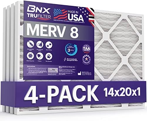 BNX 14x20x1 MERV 8 Hava Filtresi 4'lü Paket - ABD'de Üretilmiştir-Elektrostatik Pileli Klima HVAC AC Fırın Filtreleri-Toz,