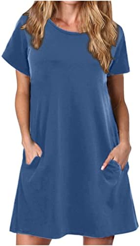 gakvbuo Gömlek Elbise Kadınlar için 2023 Rahat Kısa Kollu Yaz Mini Elbise Crewneck Katı Gevşek Tunik Kısa Elbise Cepler