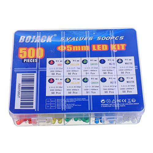 BOJACK 5 renkler 500 adet 5mm LED diyot ışıkları destekli kiti paketi parlak aydınlatma ampul lambaları elektronik