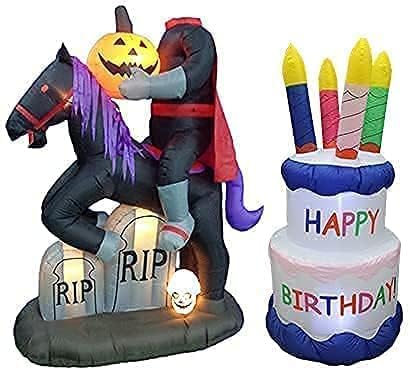 İki cadılar bayramı ve doğum günü partisi süslemeleri paketi, kabak mezar taşı ile 6.5 ayak boyunda şişme başsız süvari