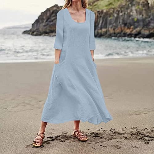 Kadın Günlük Elbiseler Kollu Pamuk Keten Cep Elbise Rahat Renk Çeyrek Kollu Elbise Plaj Elbiseleri