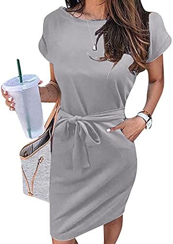 Kadın Yaz Çizgili Kısa Kollu Tişört Elbise Kuşaklı Kalem Parti Elbiseler Casual Ekip Boyun Kravat Bel Cepler ile