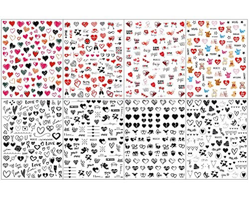 8 Yaprak Sevgililer Günü Nail Art Etiketler Çıkartmaları, JMEOWIO Kendinden Yapışkanlı Siyah Kalp Düğün Aşk Öpücük