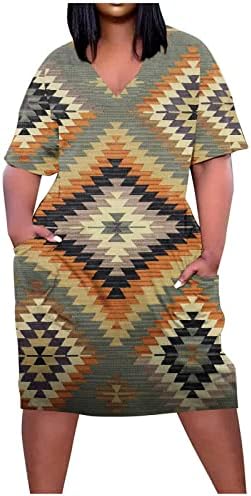 Kadın Yaz V Boyun Elbise Batı Aztek Etnik Baskı Elbise Artı Boyutu Rahat Kısa Kollu Elbise Vintage Midi Elbiseler